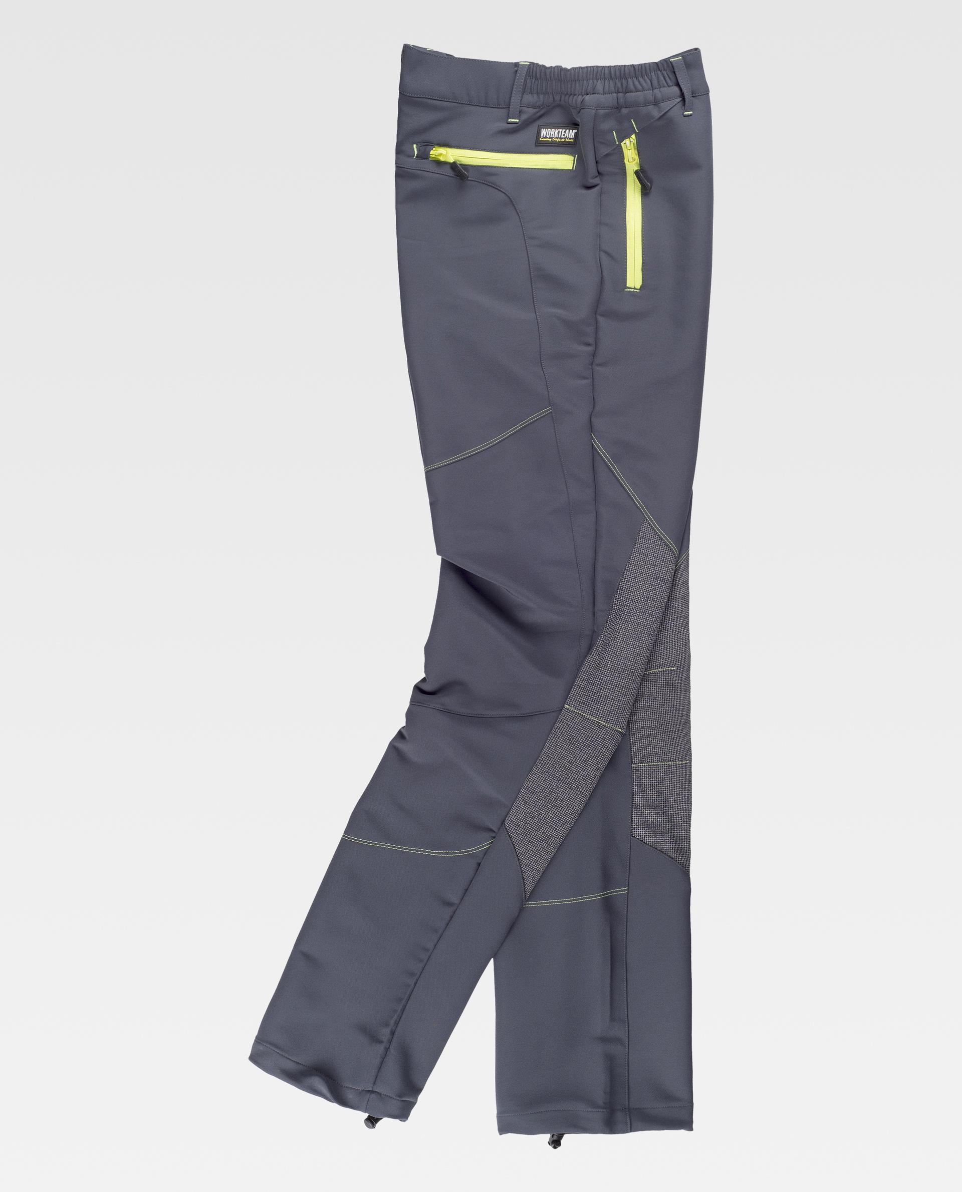 Pantalón laboral gris con refuerzos en rodillas y bolsillos con cremalleras verdes