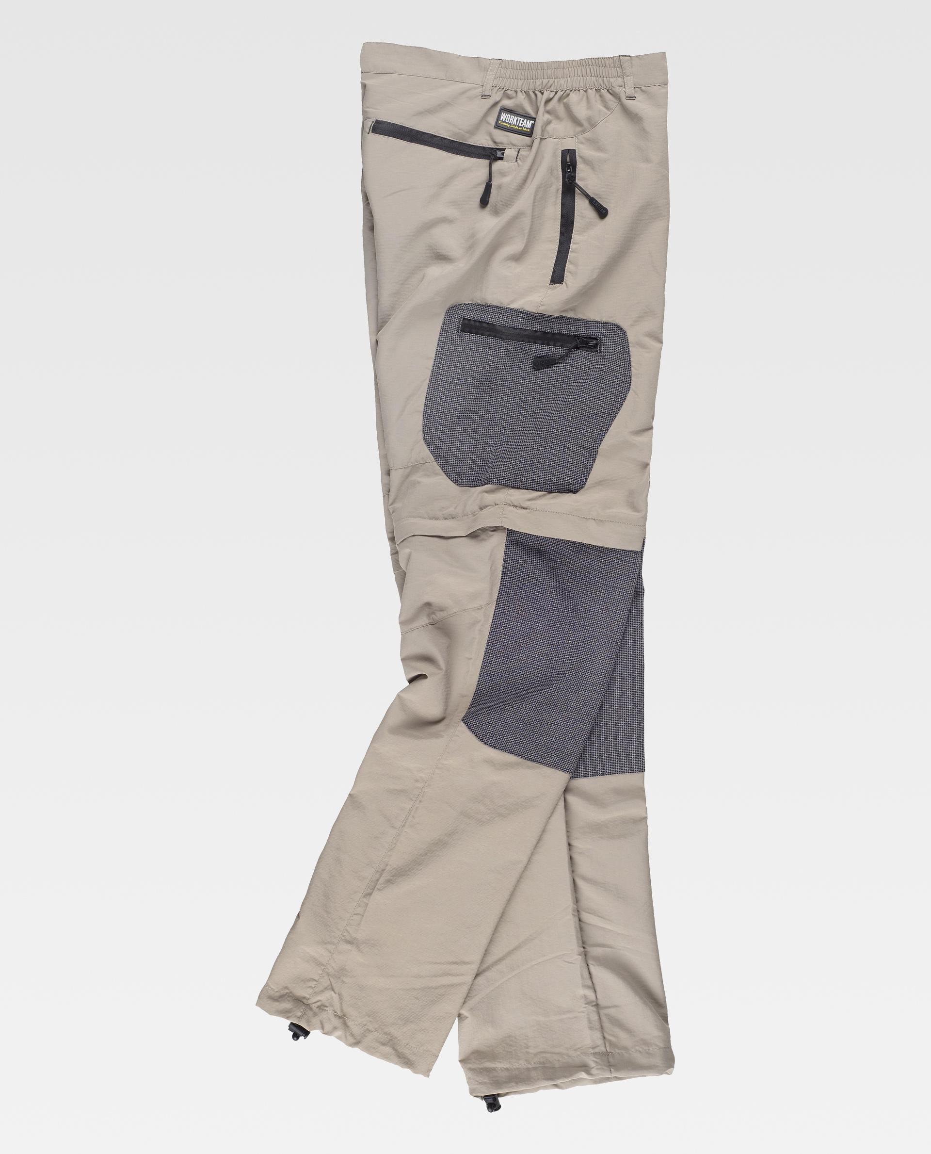 Pantalones de senderismo beige con refuerzos grises en rodillas y bolsillos con cremallera