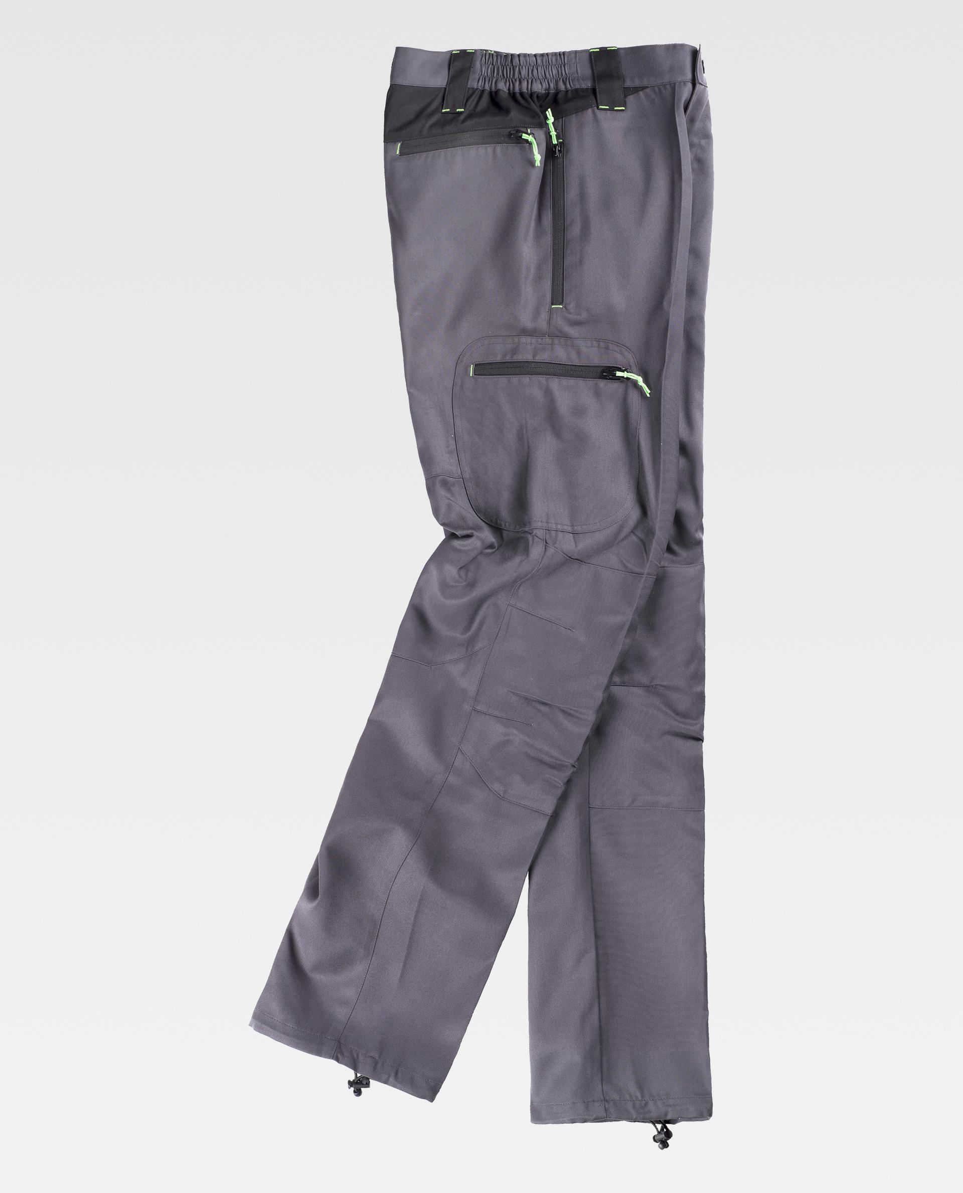 Pantalón de trabajo gris con varios bolsillos con cremallera y tiradores verdes