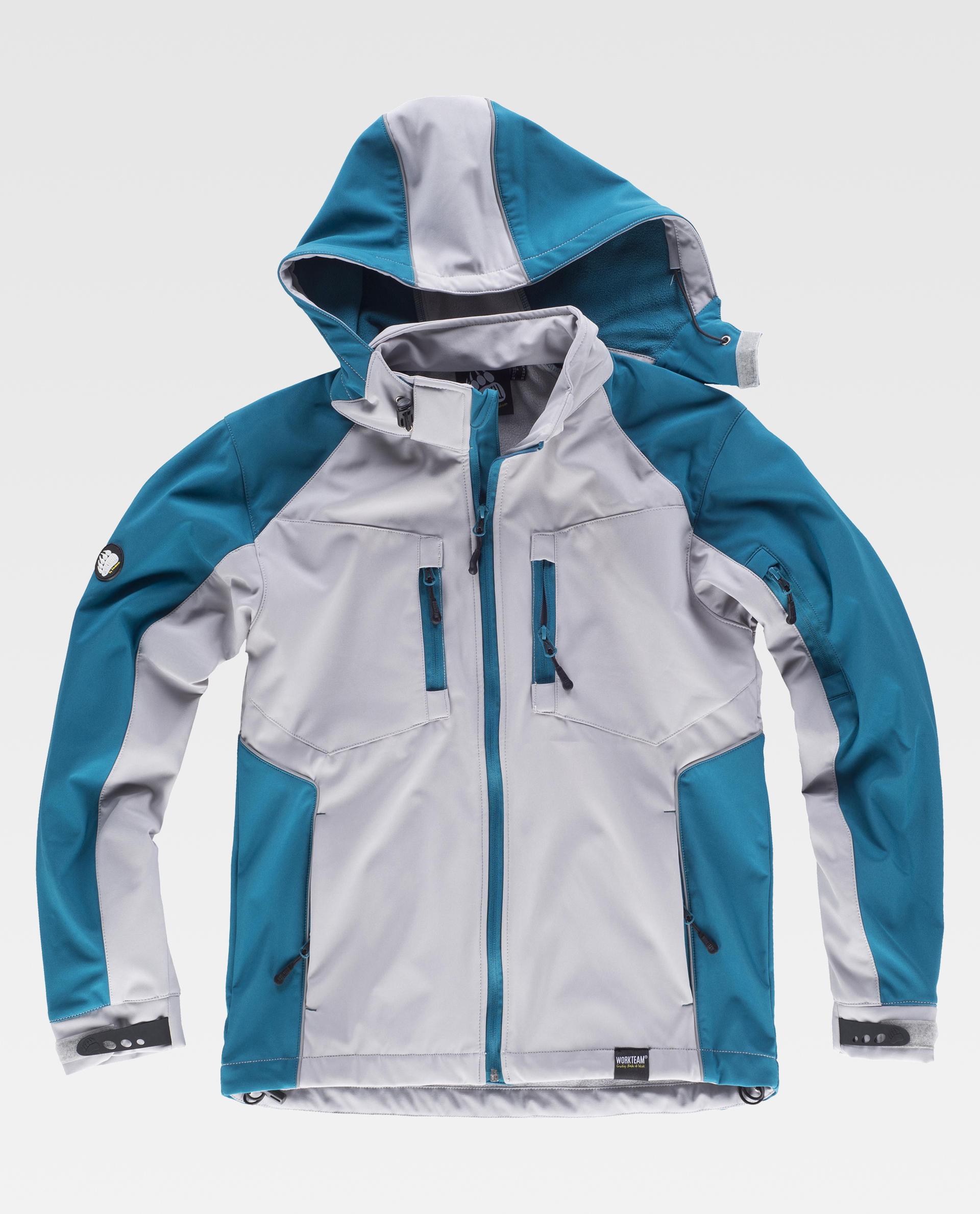 Cazadora softshell impermeable gris y turquesa con capucha y múltiples cremalleras en fondo blanco.