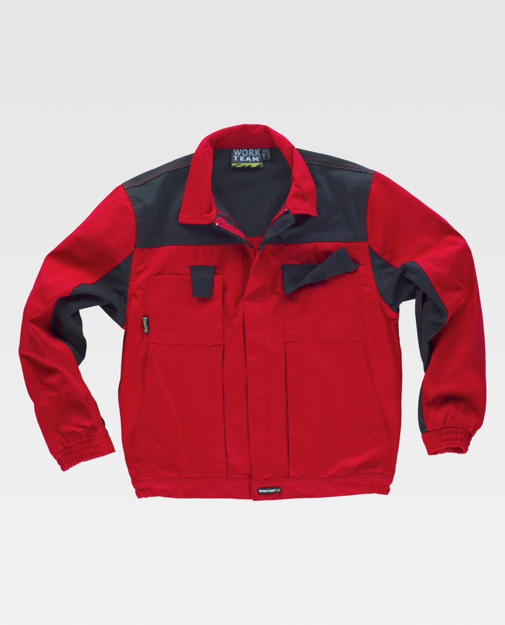 chaqueta de trabajo roja con detalles en gris oscuro y bolsillos frontales