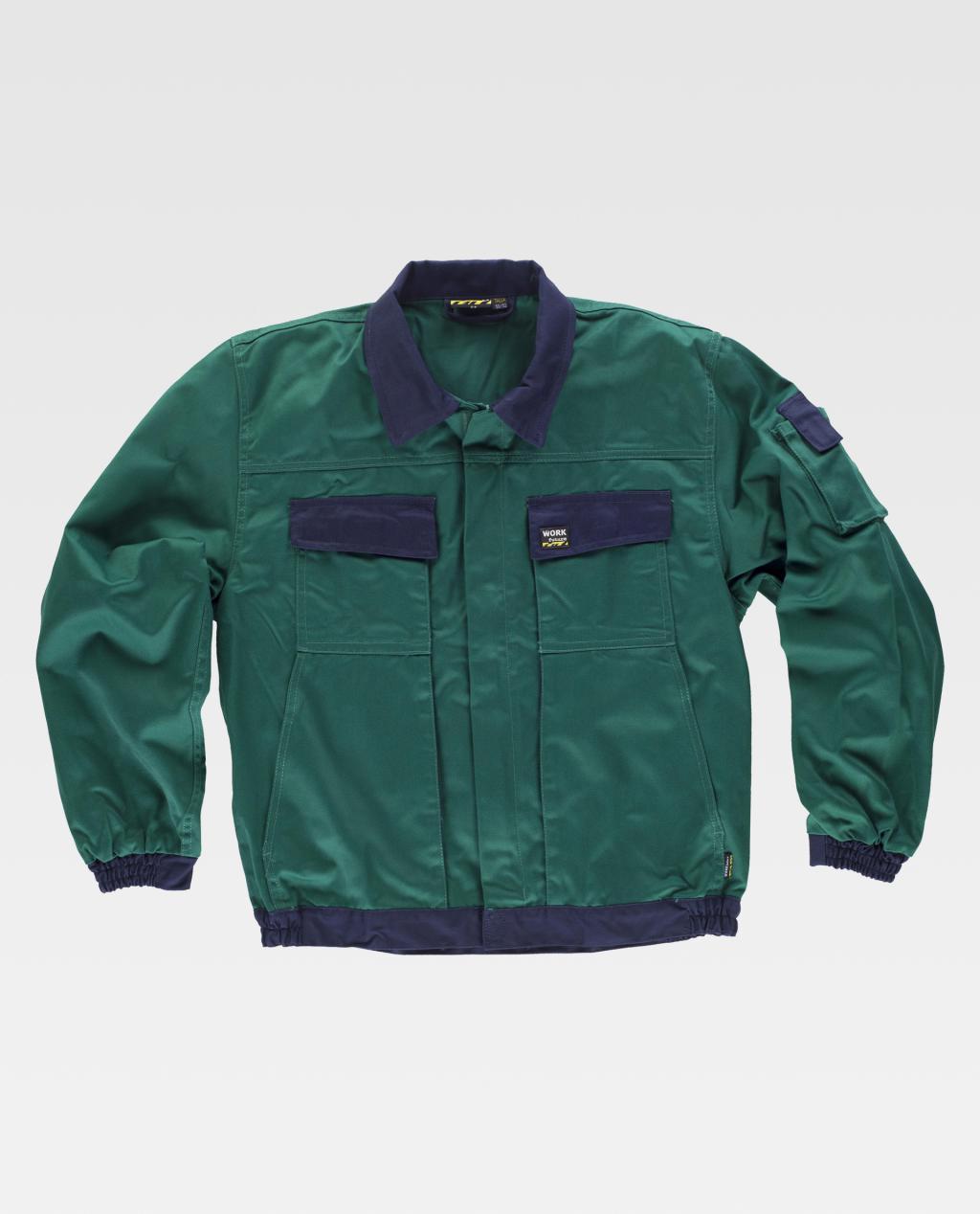 chaqueta de trabajo verde con solapas y bolsillos frontales en azul marino