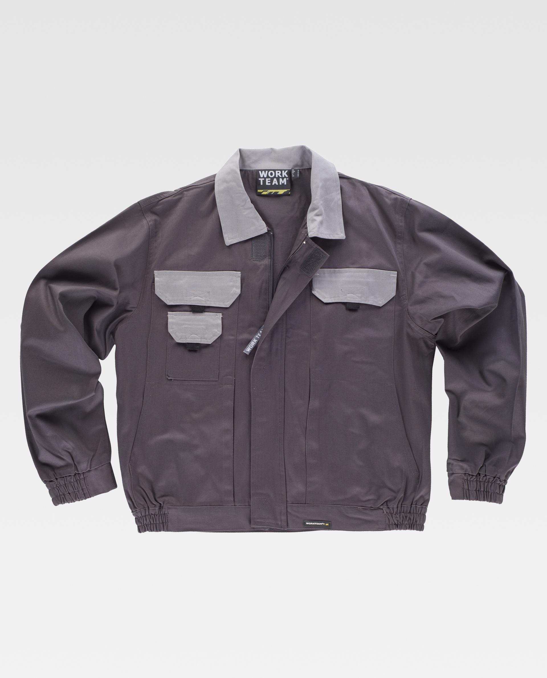 Chaqueta de trabajo gris con bolsillos delanteros y cuello en contraste claro