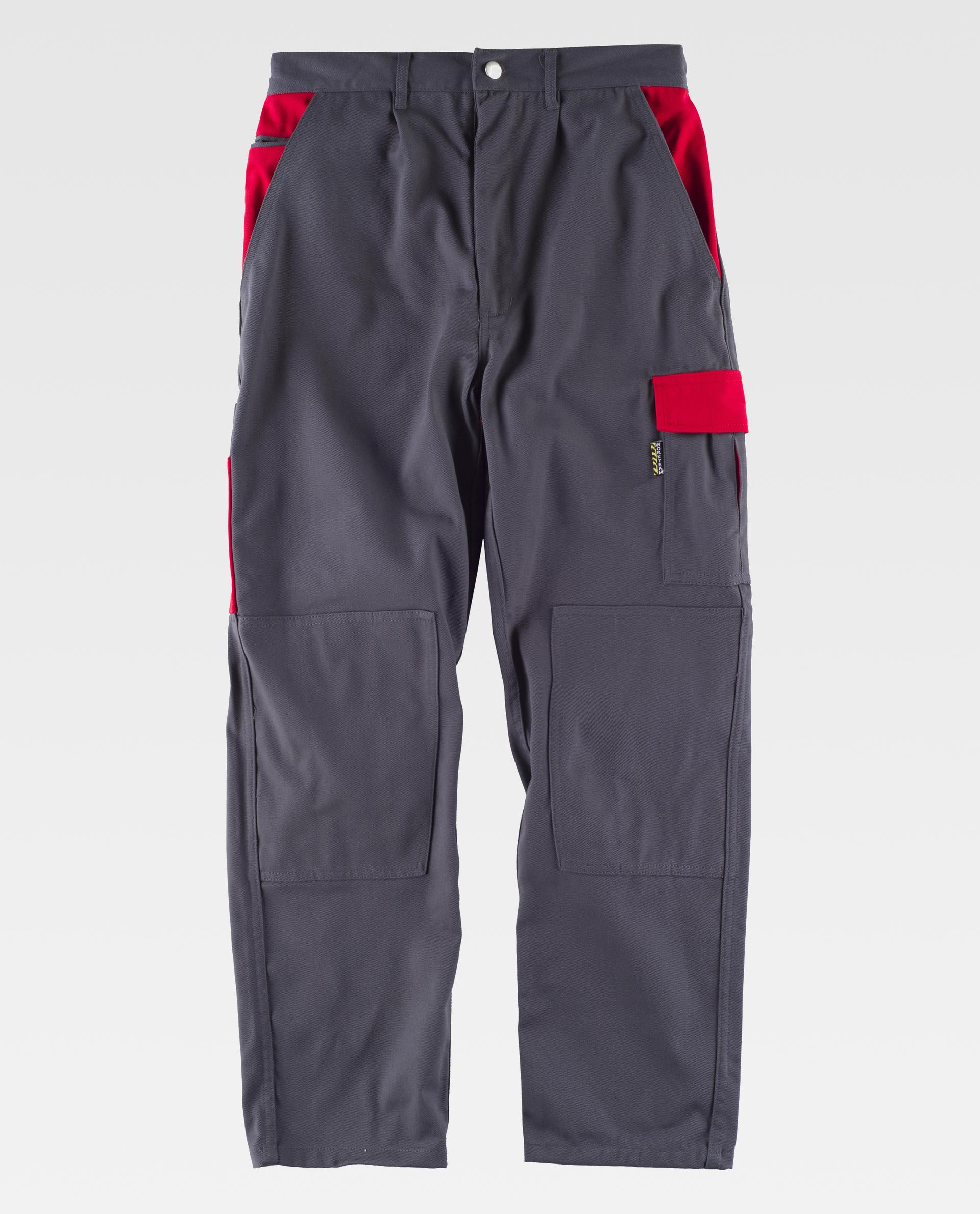 Pantalón de trabajo gris con refuerzos y bolsillos laterales rojos
