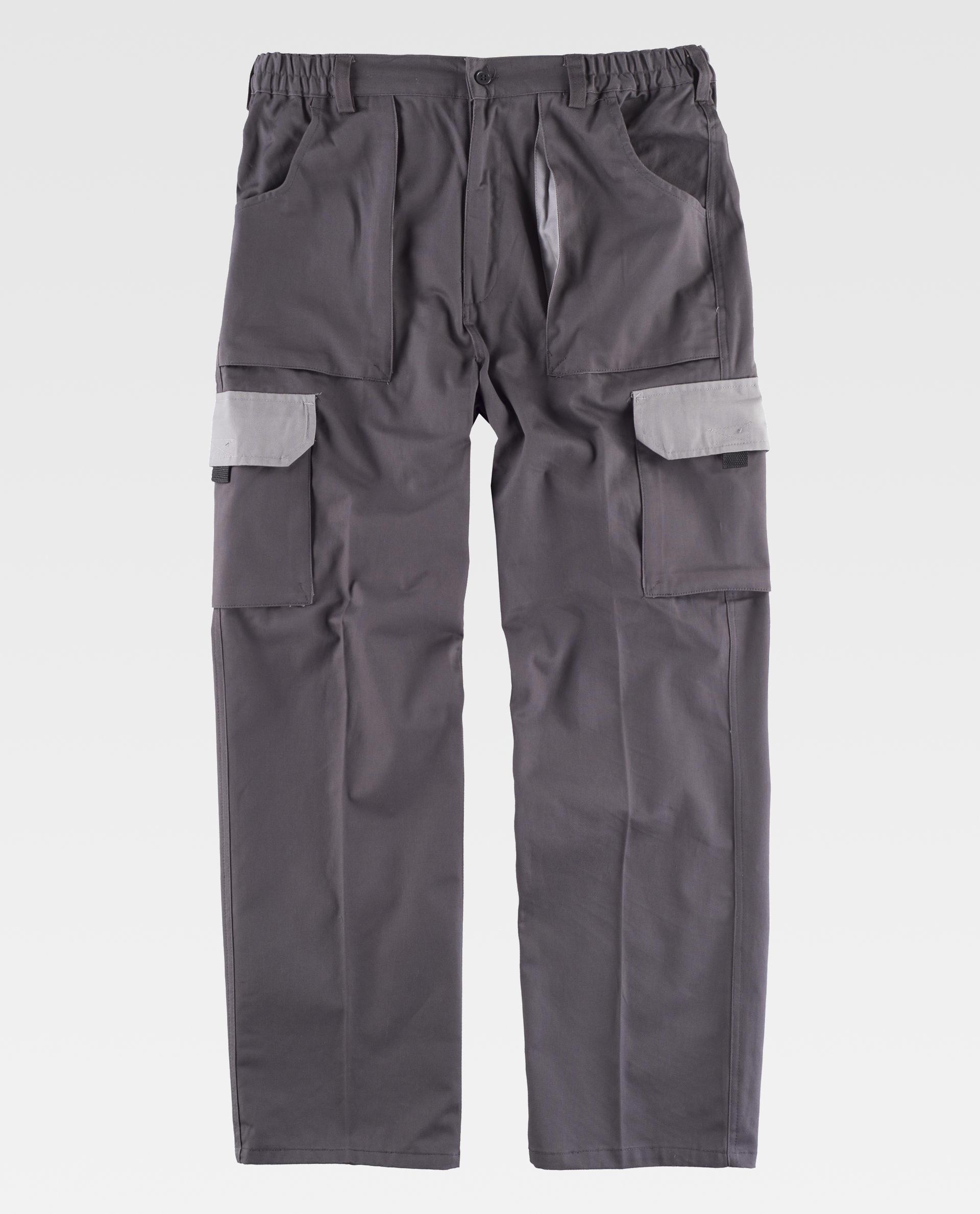 Pantalón de trabajo gris con cintura elástica y bolsillos cargo sobre fondo blanco