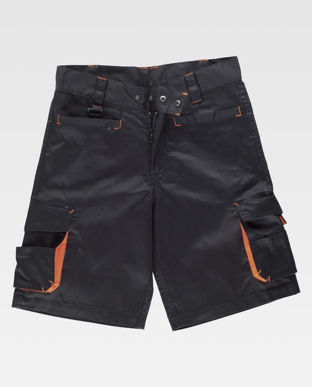 pantalones cortos de trabajo negros con bolsillos cargo y detalles naranjas