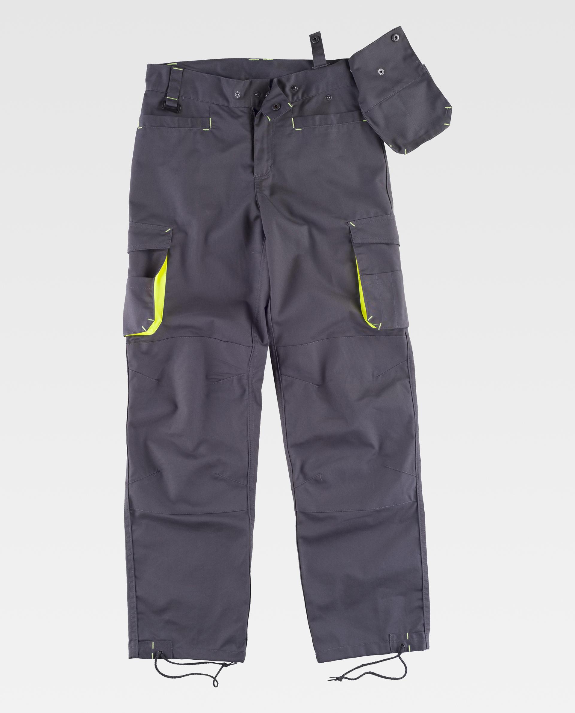 pantalón de trabajo gris con bolsillos cargo y detalles en amarillo neón