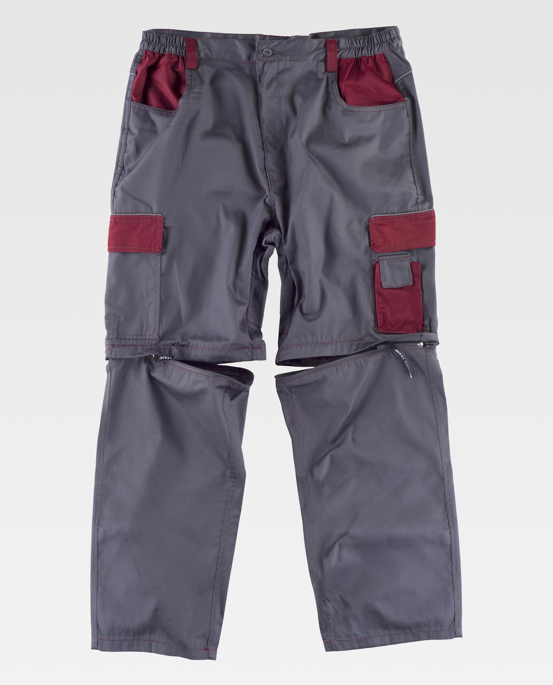 Pantalón de trabajo gris con bolsillos rojos y perneras desmontables convirtiéndose en bermudas