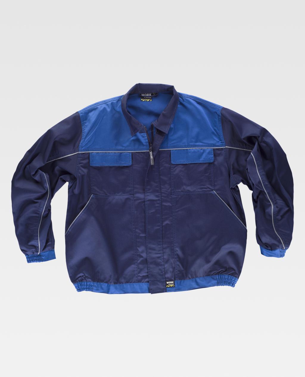 chaqueta de trabajo bicolor azul con bolsillos frontales y cremallera central