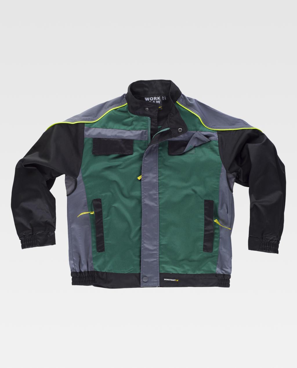 Chaqueta de trabajo verde y gris con paneles negros y cremalleras amarillas