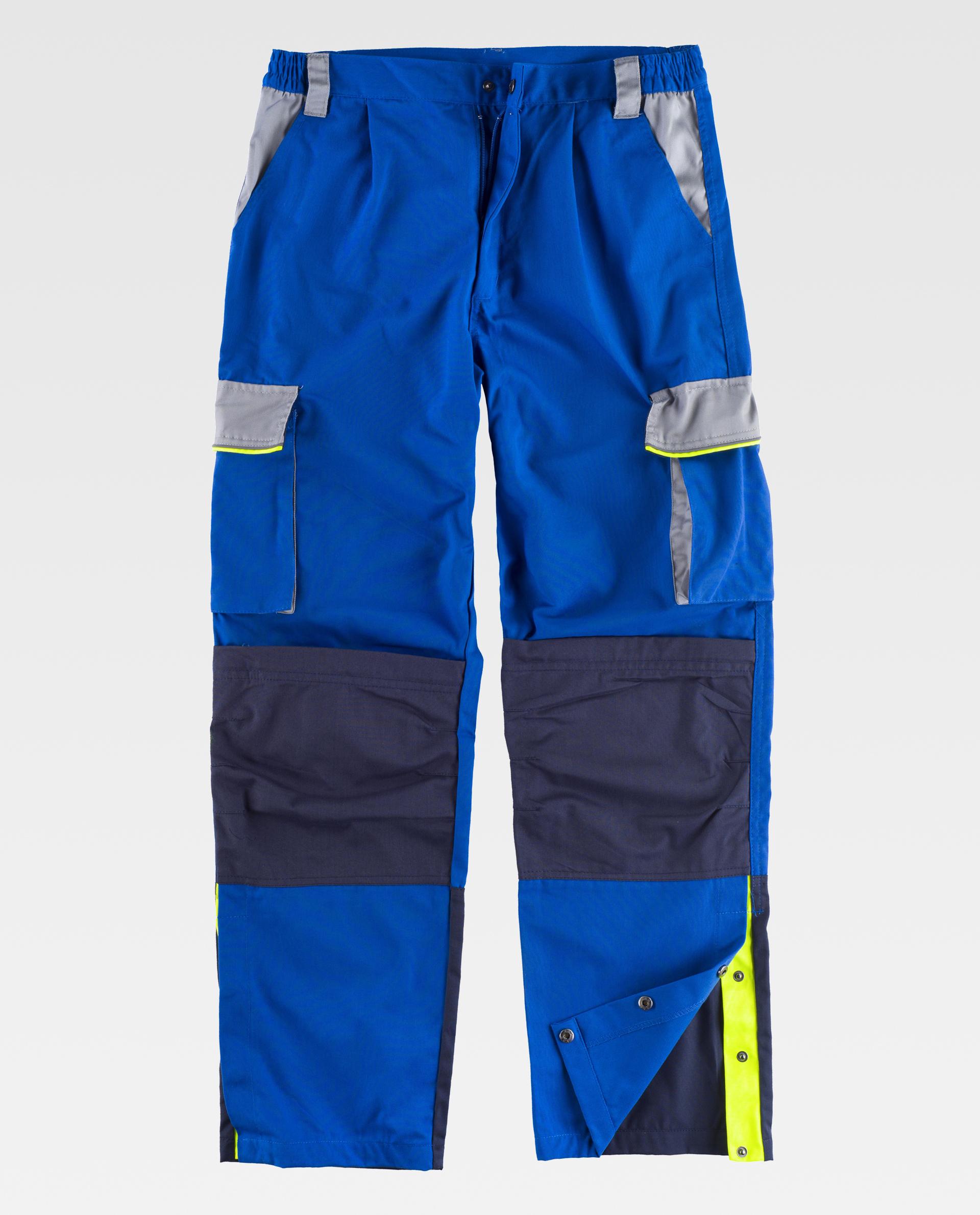 Pantalón de trabajo azul con refuerzos oscuros, bolsillos laterales y detalles en amarillo fluorescente