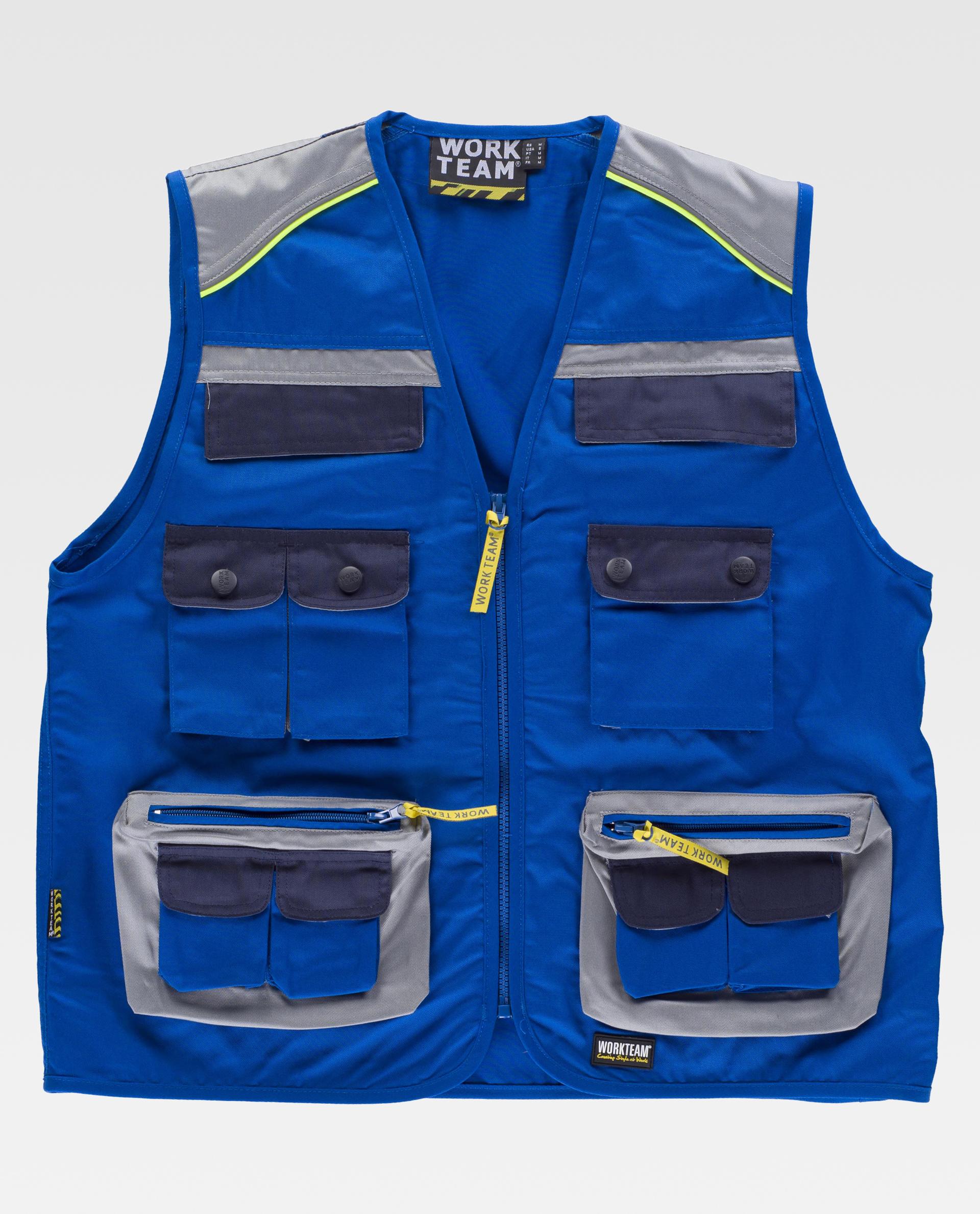 Chaleco de trabajo azul con múltiples bolsillos delanteros y detalles grises reflectantes