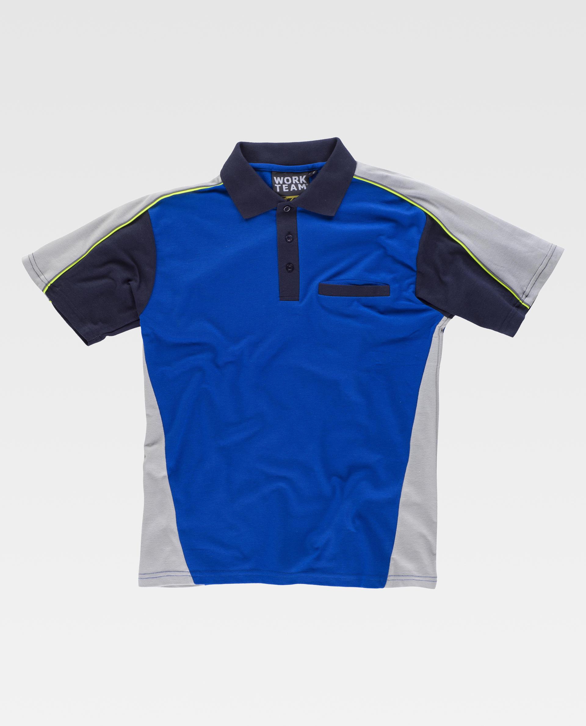polo de trabajo bicolor azul y gris con cuello de botones y bolsillo en el pecho