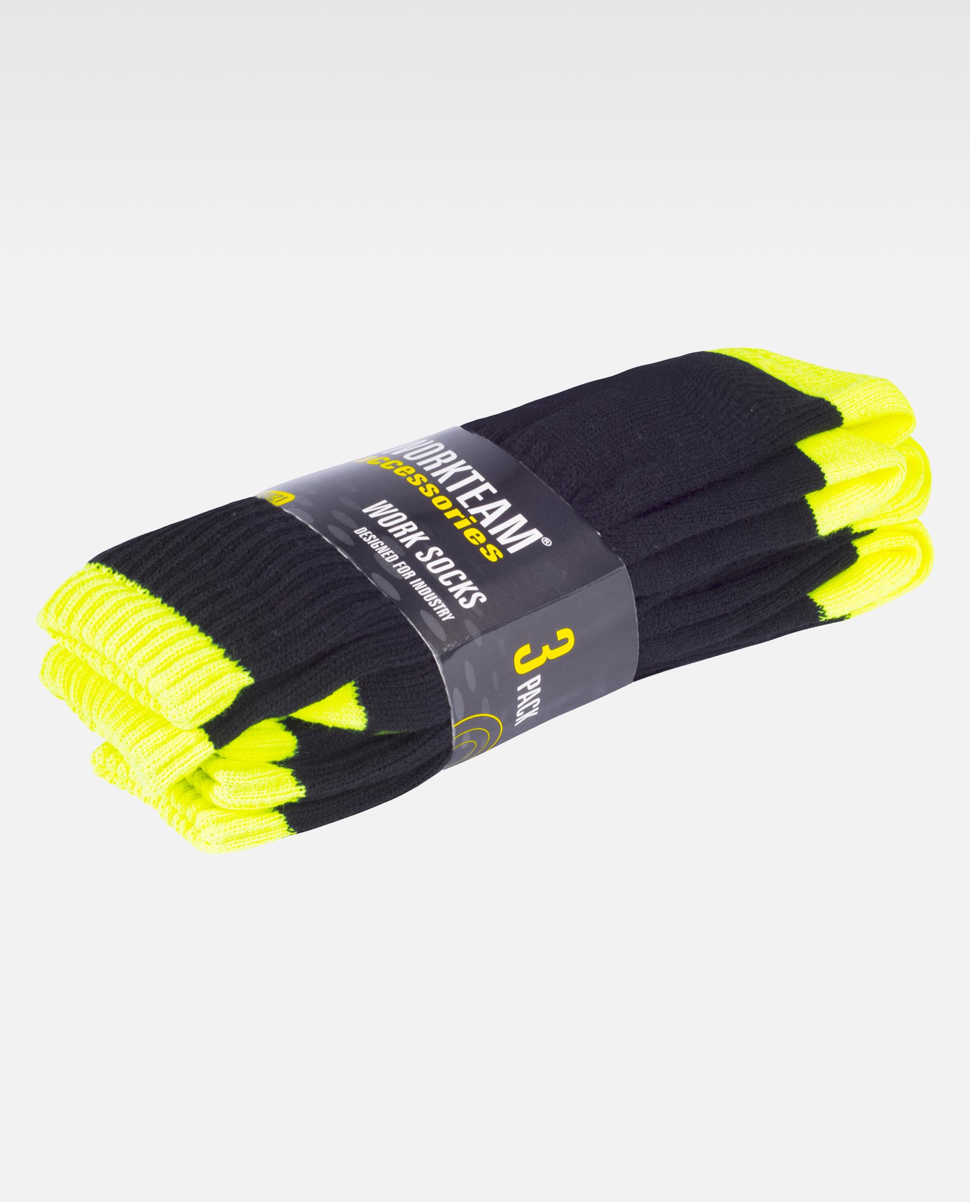pack de tres calcetines de trabajo negros con punteras y talones en amarillo fluorescente