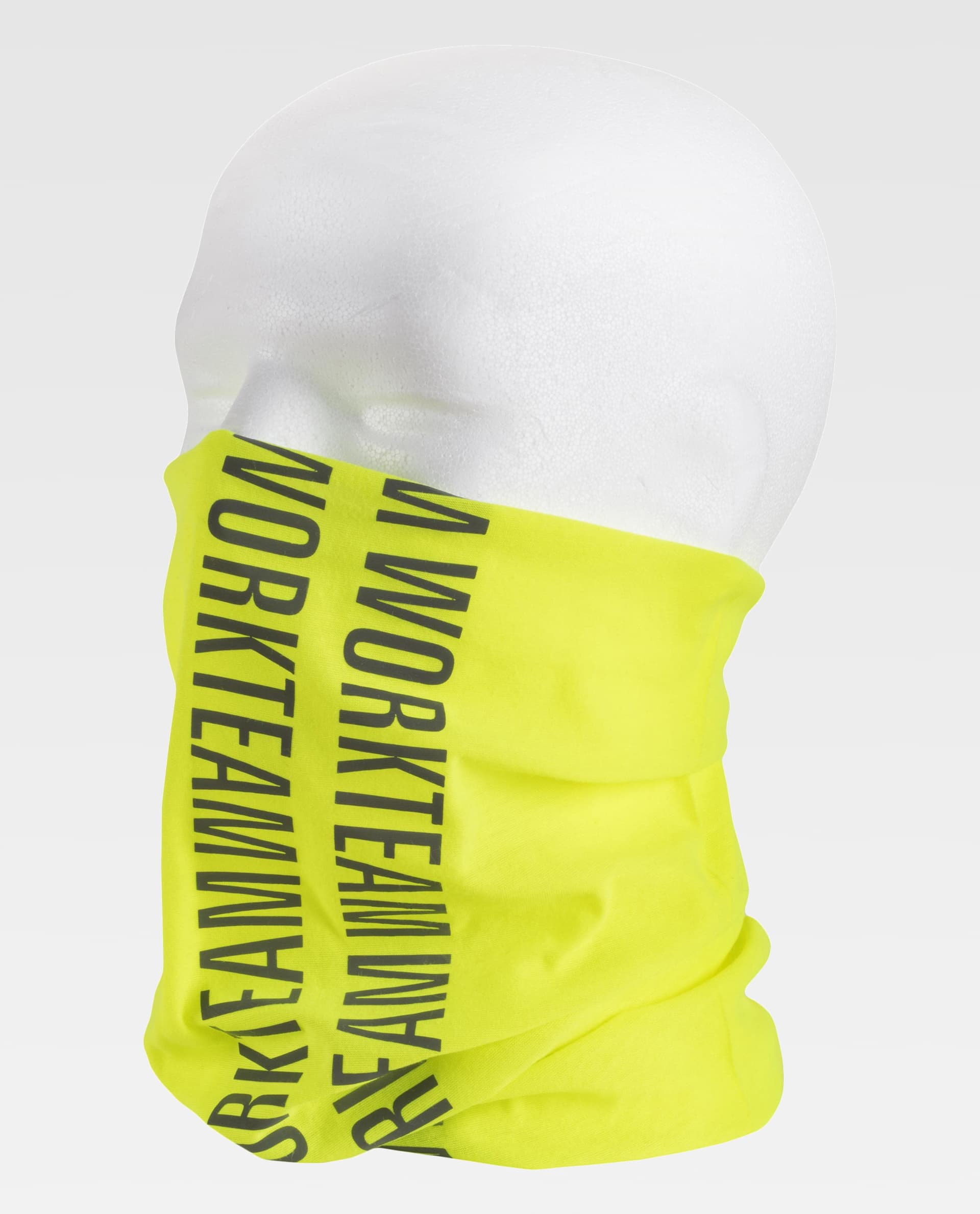 maniquí con braga tubular amarilla fluorescente estampada con la palabra WORKTEAM