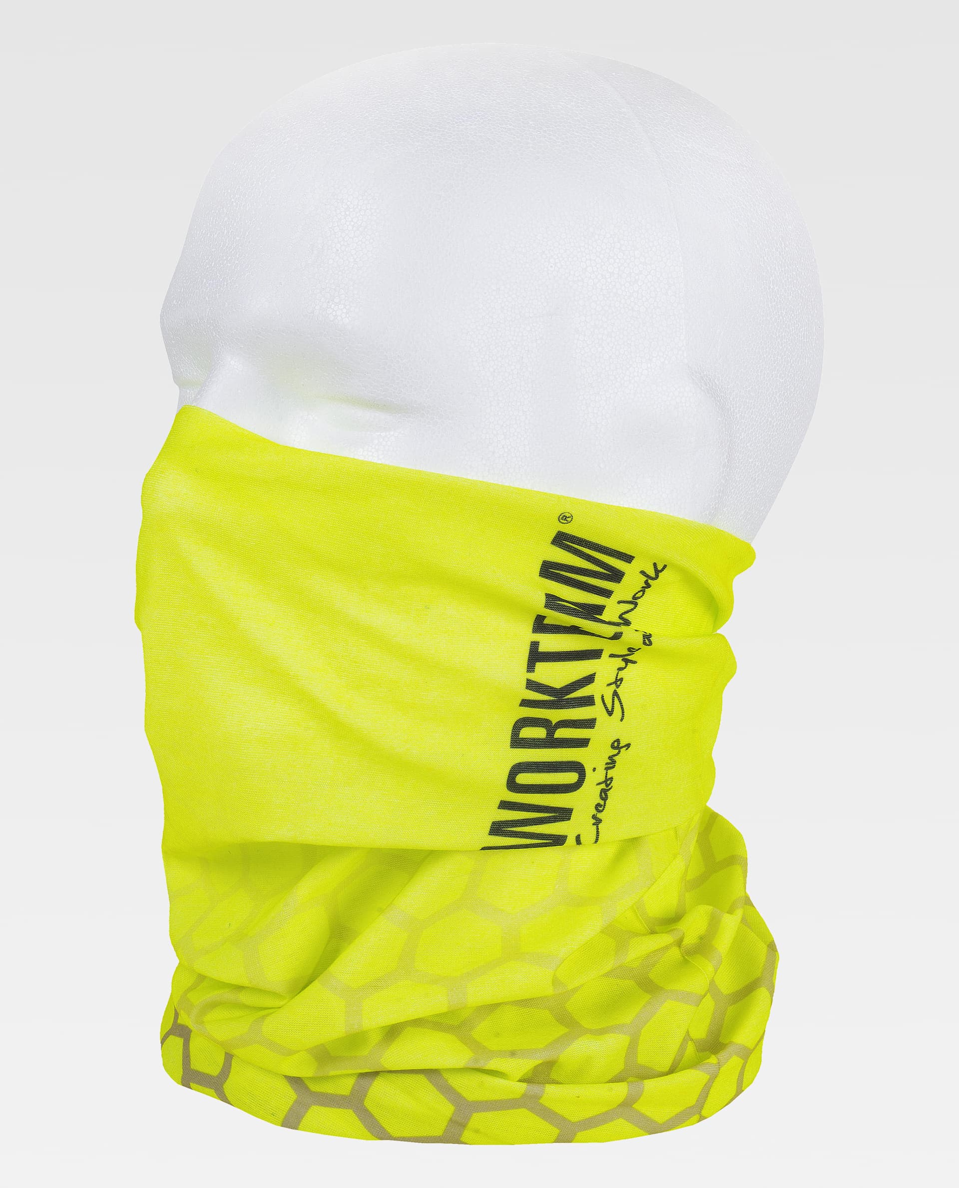 buf tubular fluorescente con logo Workteam sobre busto de maniquí blanco