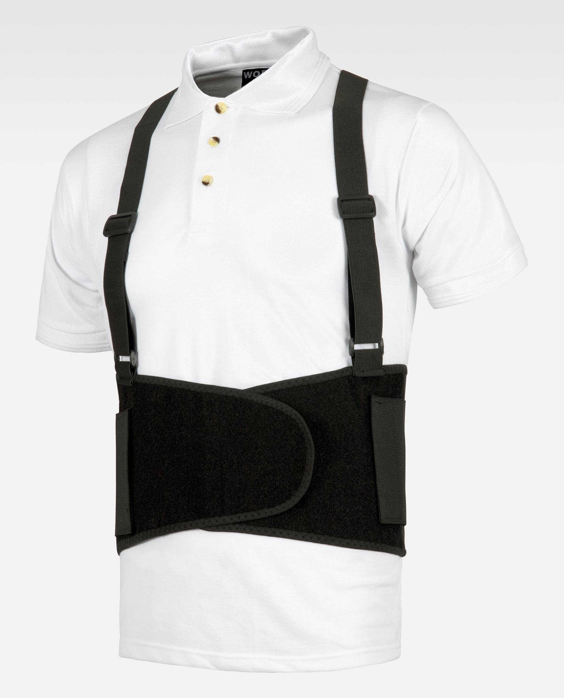 faja lumbar negra ajustable con tirantes sobre camiseta blanca