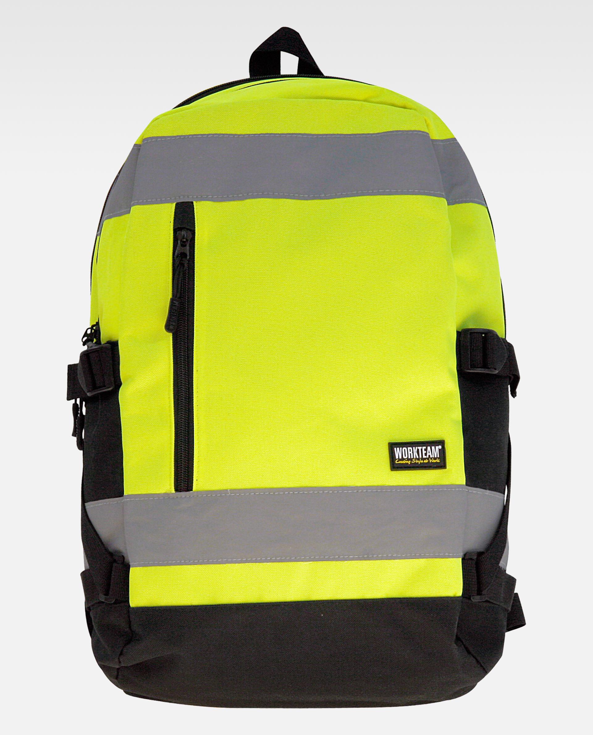 mochila de alta visibilidad amarilla con bandas reflectantes y base negra