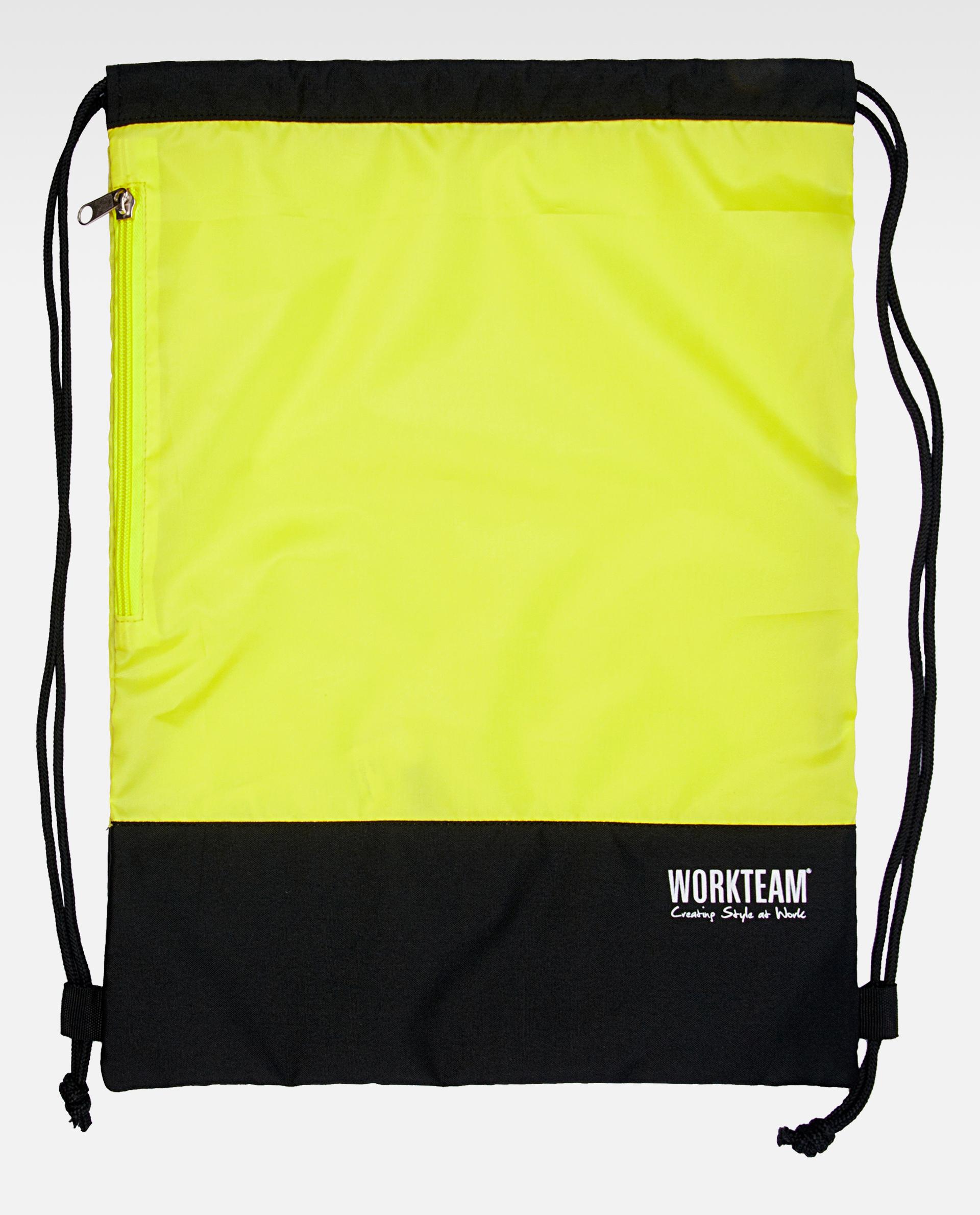 mochila saco amarilla fluorescente con base negra, bolsillo lateral con cremallera y logo Workteam en la parte inferior derecha