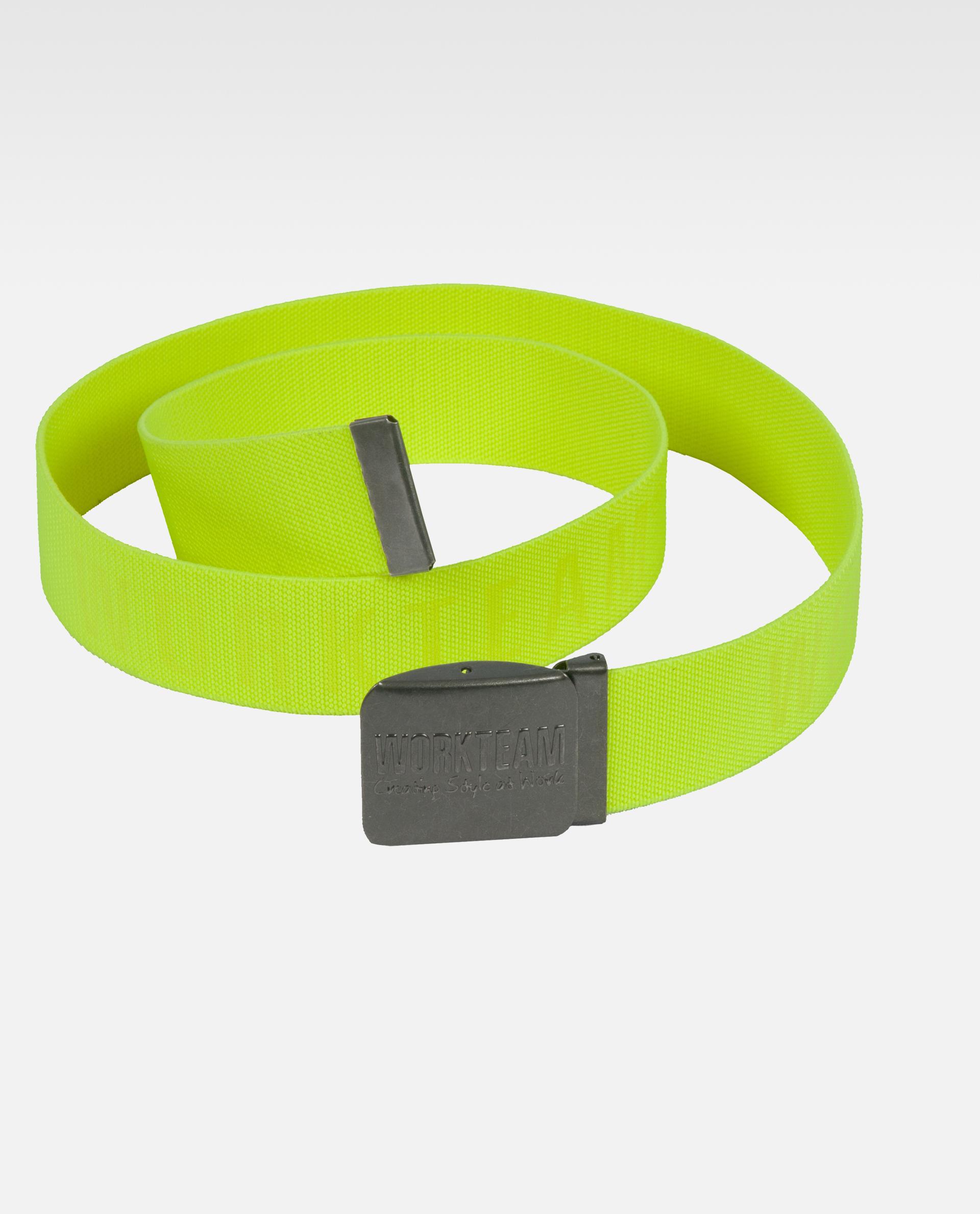cinturón de trabajo de nylon en color verde fluorescente con hebilla metálica negra marcada con WORKTEAM