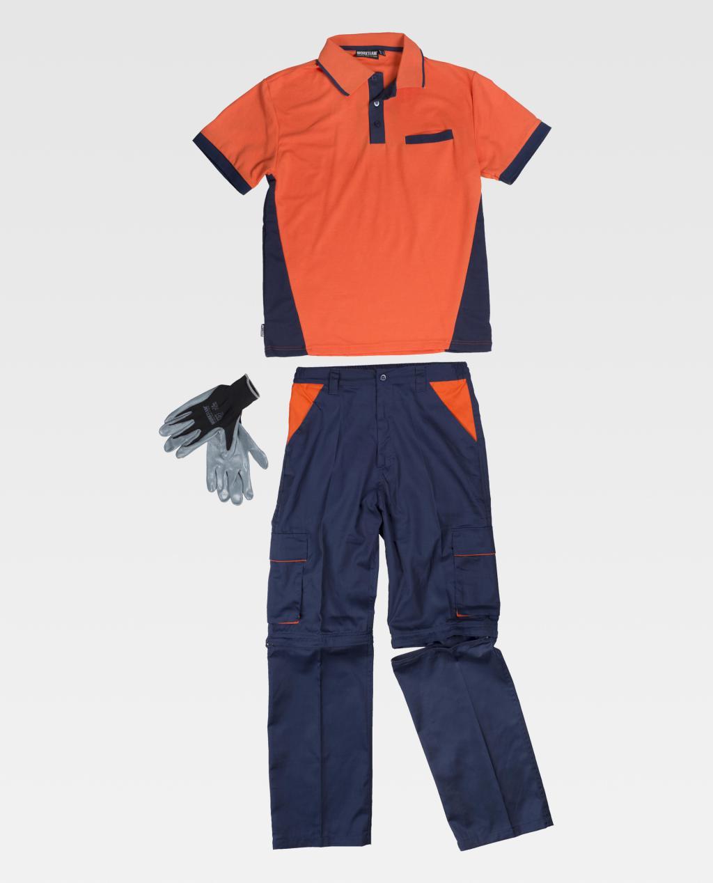 Conjunto de ropa de trabajo con polo naranja y azul marino, pantalón convertible y guantes de protección.