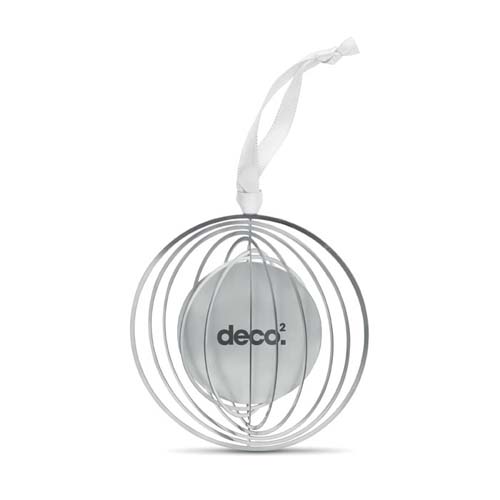 Ambientador colgante con esfera plateada deco² en jaula circular metálica y cinta blanca