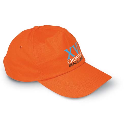 Gorra de béisbol naranja con el texto XVI Croatian Beach Games en el frontal