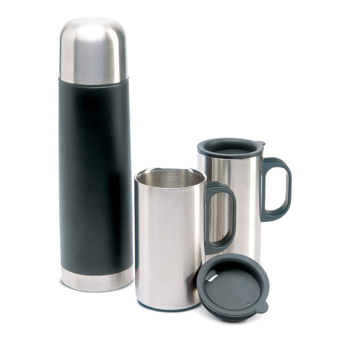 termo de acero inoxidable con dos tazas de viaje y tapas desmontables