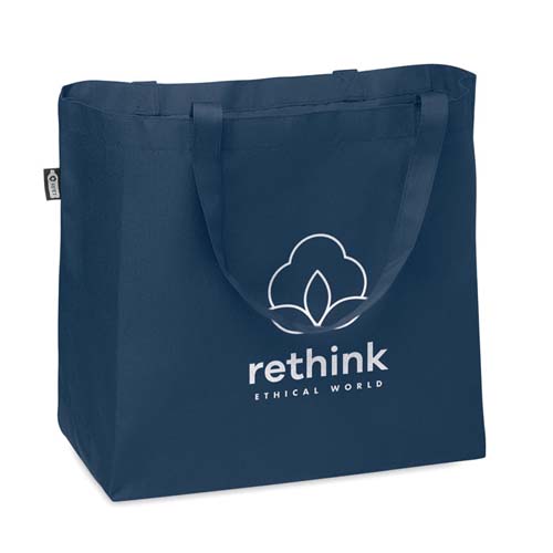 bolsa de tela azul con asas y logo blanco de rethink Ethical World