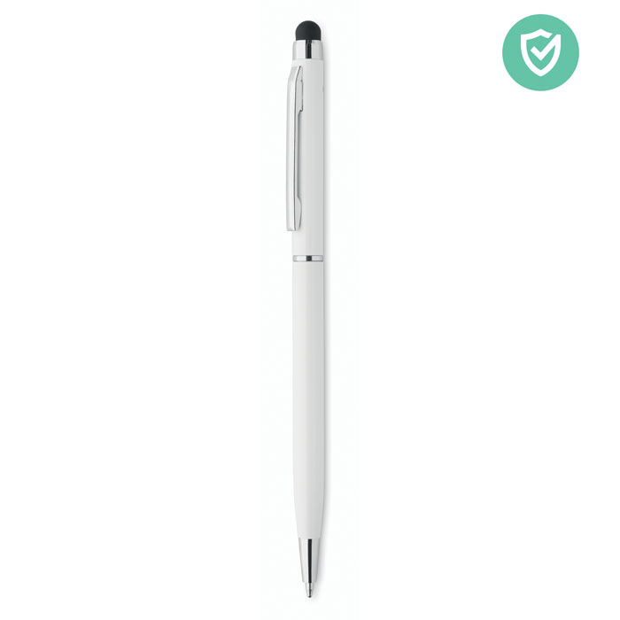 Bolígrafo blanco con punta táctil negra y clip plateado diseñado para escritura y pantallas táctiles