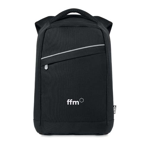 mochila negra urbana con logo ffm y bolsillo diagonal delantero