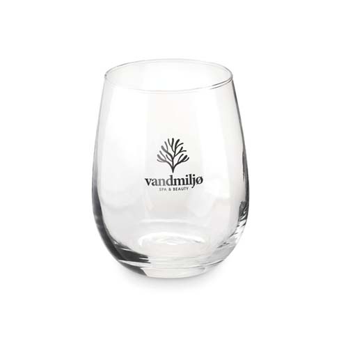 Vaso de cristal transparente con el logotipo de Vandmiljø Spa & Beauty sobre fondo blanco