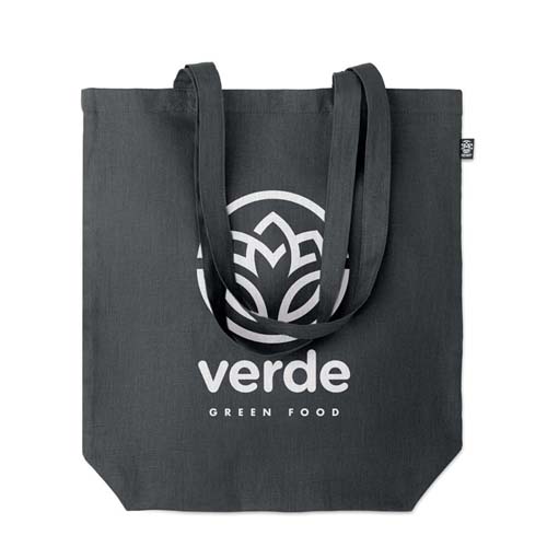 Bolsa tote negra con asas y logotipo blanco de Verde Green Food