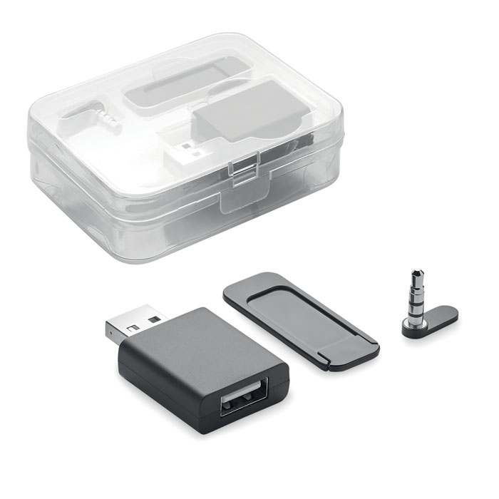 Kit de adaptador USB a jack de 3,5 mm con tapa y estuche transparente