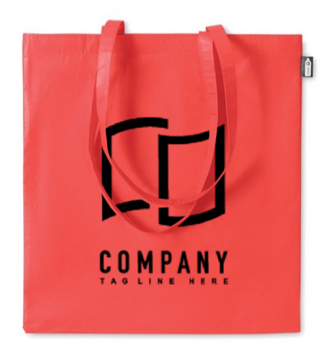 Bolsa reutilizable roja con logotipo negro de empresa y espacio para eslogan.