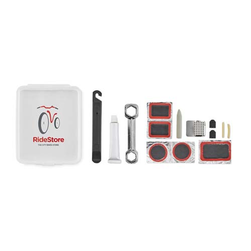 Juego de parches y herramientas para reparar pinchazos de bicicleta con estuche RideStore.