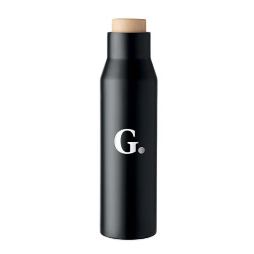 Botella reutilizable negra con tapón de madera y logotipo G