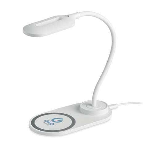 lámpara de escritorio LED blanca con brazo flexible y base de carga inalámbrica