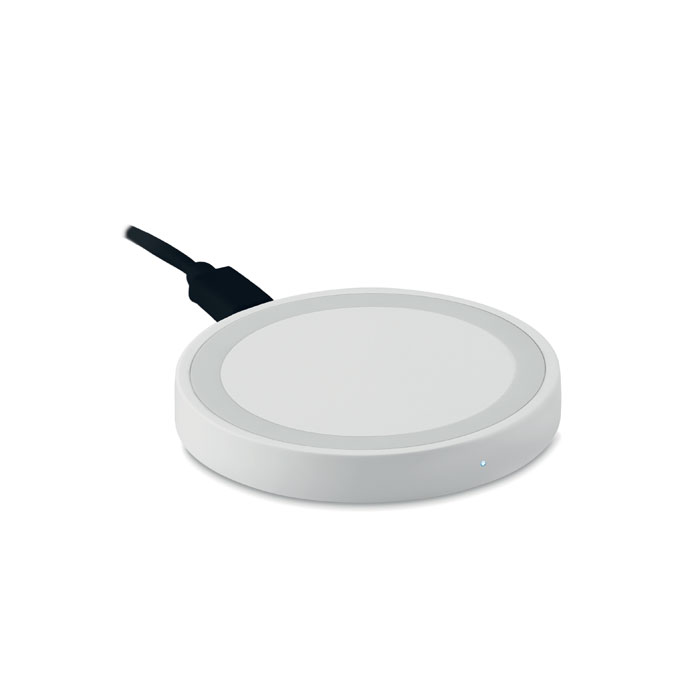base de carga inalámbrica circular blanca con cable USB y luz indicadora LED