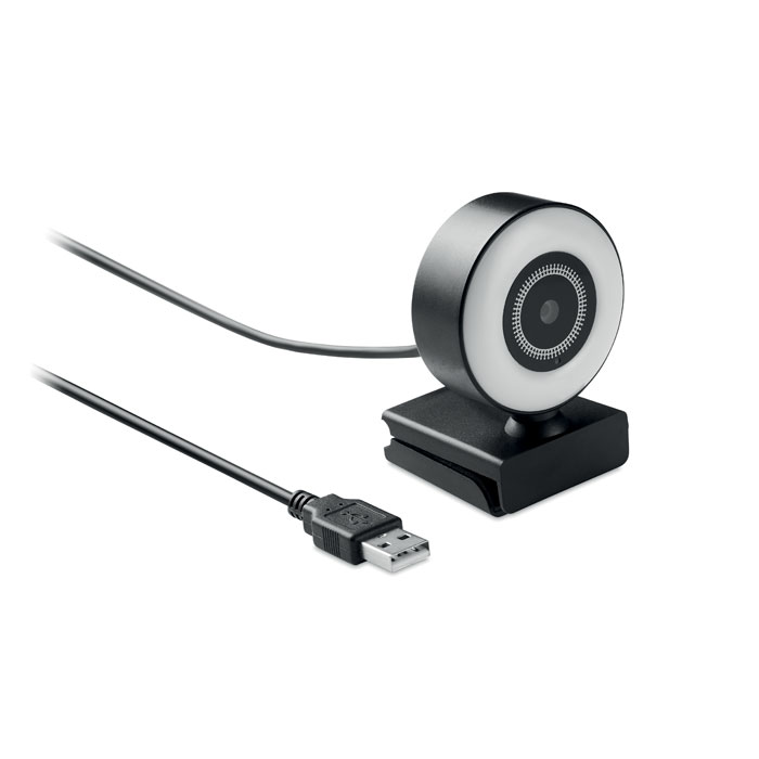 cámara web USB con luz circular integrada y base de sujeción adaptable