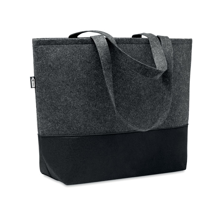 bolsa de fieltro gris con base negra y asas largas tipo tote