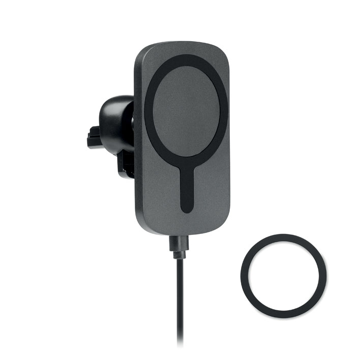 Soporte magnético de carga inalámbrica para coche fijado a la rejilla de ventilación con cable USB.