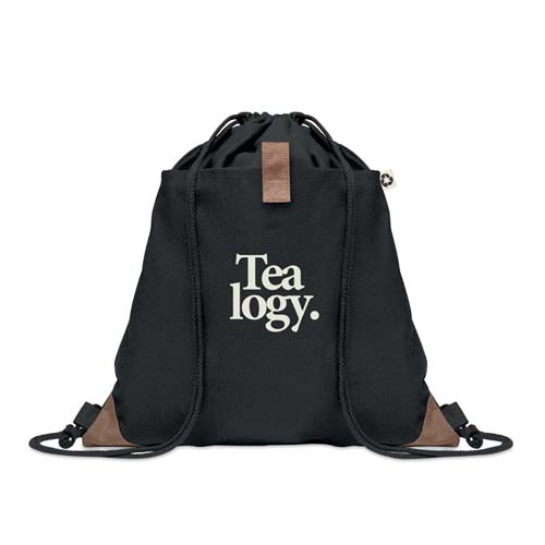 mochila saco negra con cordones y el logotipo Tealogy en blanco