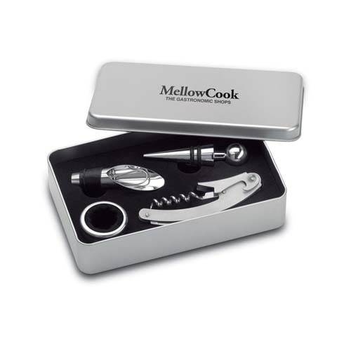 Set de accesorios para vino MellowCook en estuche metálico con sacacorchos, tapón, corta cápsulas y aro antigoteo