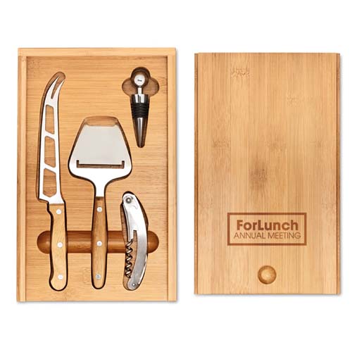 Juego de utensilios para queso y vino (cuchillo, cortador, sacacorchos y tapón) en estuche de bambú