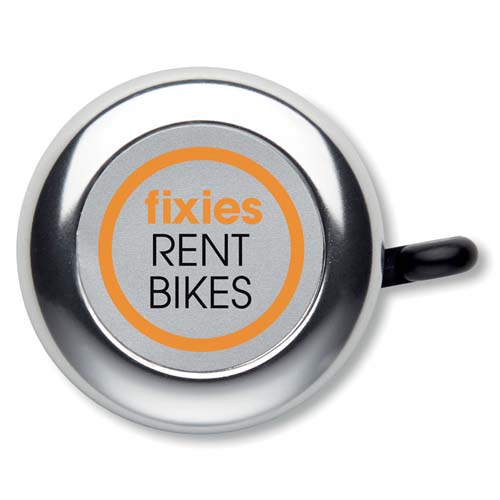 Campana metálica de bicicleta con logotipo circular de Fixies Rent Bikes