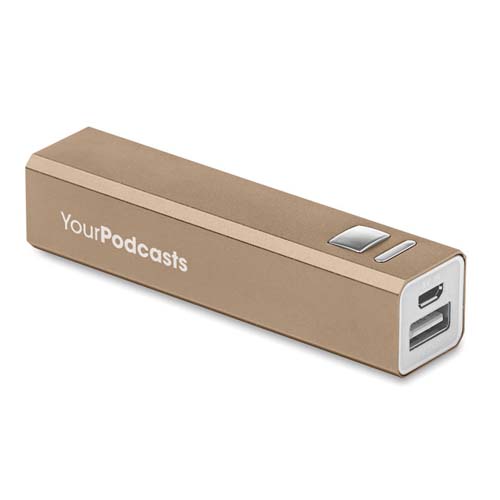 Batería externa portátil dorada YourPodcasts con puerto USB