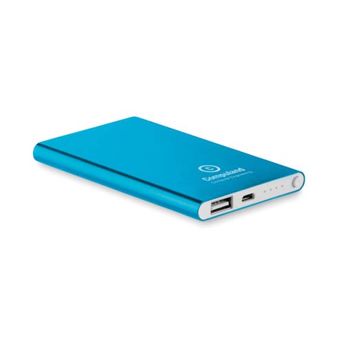 batería externa azul slim con puertos USB y micro USB para recarga de dispositivos móviles