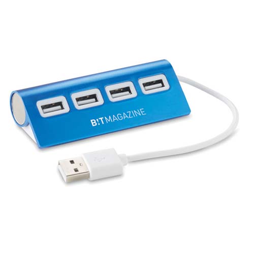 Hub USB azul de cuatro puertos con cable integrado y logo B!T MAGAZINE