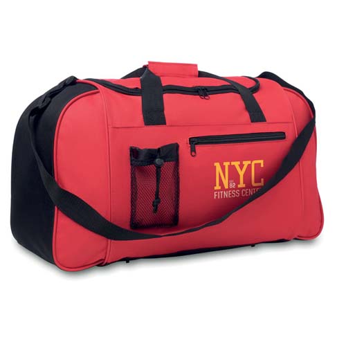 bolsa de deporte roja con asas y logo NYC Fitness Center